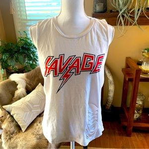 💚 2/$10 Savage cut off sleeve tank work out athletic graphic top muscle tee